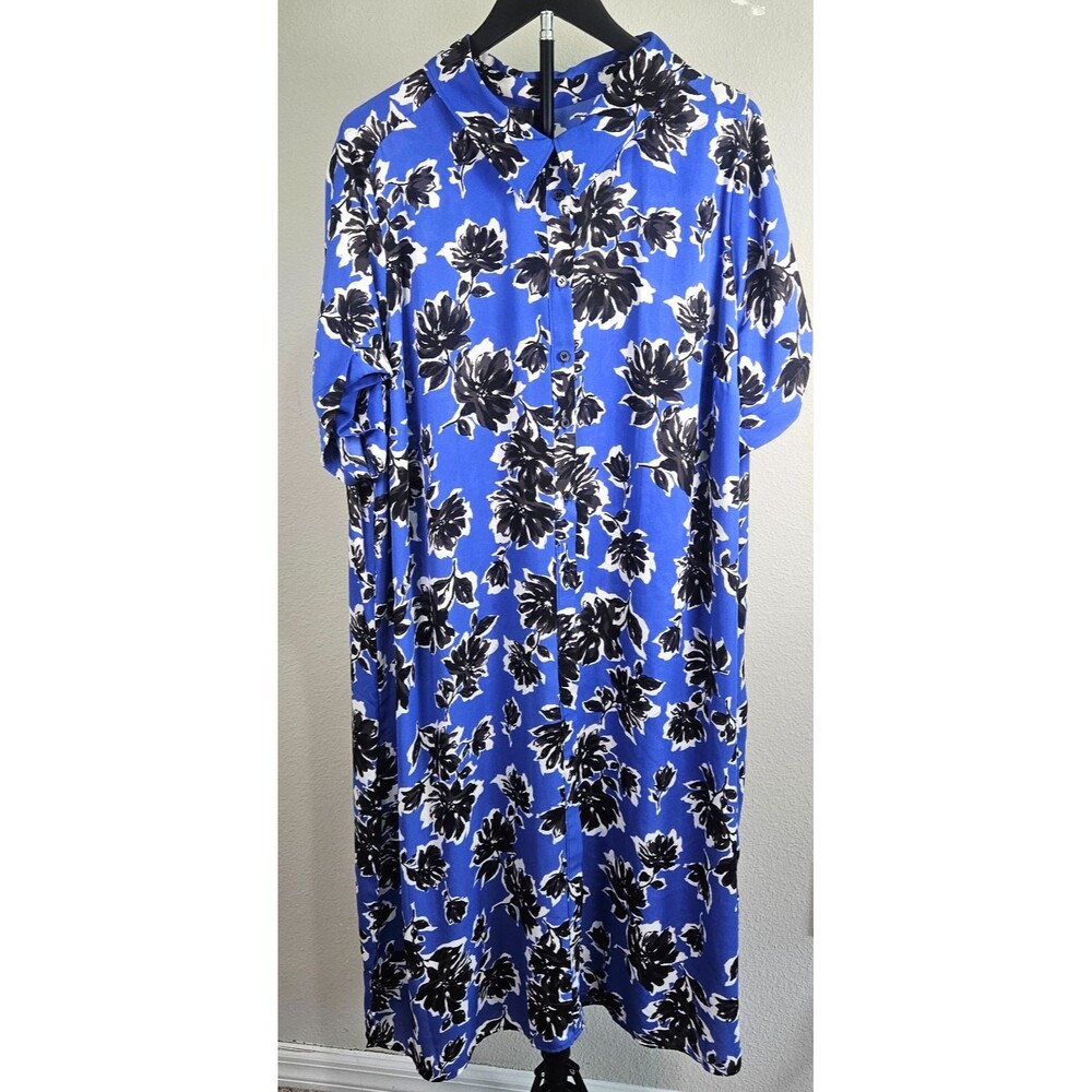 Lane Bryant Shirt Dress Womens 22/24 Blue Black Floral Button Front Plus Size